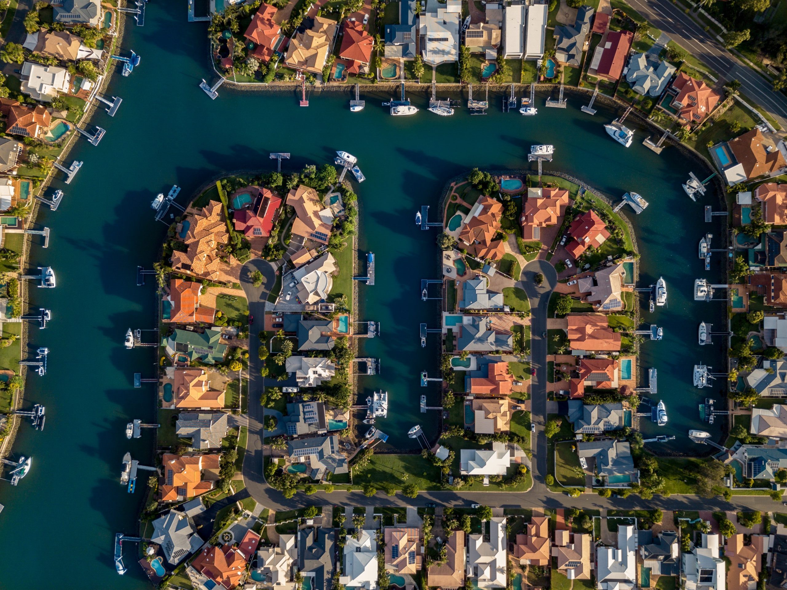 aerial shot of waterfront neighborhood