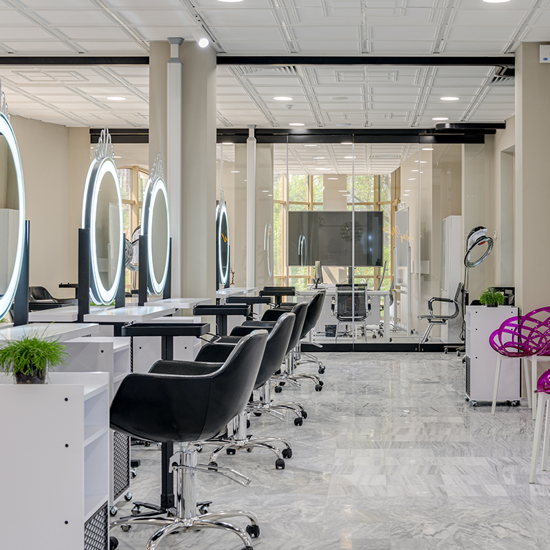 salon interior with stylist stations